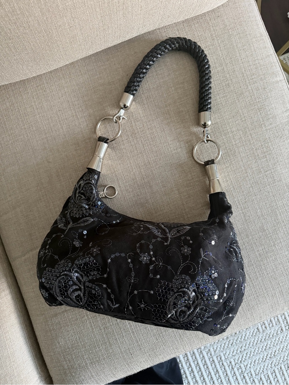 Black Embroidered Shoulder Bag with Braided Handle